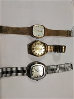 Lot 202 - Favre- Leuba, Rotary - three gentleman's wrist watches, a stainless steel Favre-Leuba Geneve with cushion shaped baton dial with day/date aperture, wide steel bezel to case measuring 38mm x 40mm