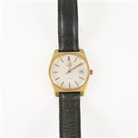 Lot 297 - Omega - a gentleman's Geneve wrist watch, circular silvered baton dial with centre seconds hand and day/date aperture in a gold-plated angular case with stainless steel back, strap model