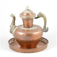 Lot 81 - Turkish copper and white metal coffee pot, and a Chinese copper tray.