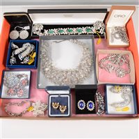 Lot 313 - A tray of modern and vintage paste set costume jewellery, paste set bracelet set with faux malachite, a Jaeger crysal bib necklace