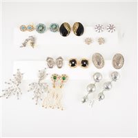 Lot 314 - Twenty-nine pairs of vintage clip on costume jewellery earrings, coloured and clear paste stones, gilt metal to include earrings by Togo Paris, Louis Feraud, Weiss, Jewelcraft etc.