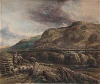 Lot 249 - A pair of watercolours signed David Cox, a landscape with fells and sheep passing through a gate, 20cm x 25cm, villagers going to church 17cm x 25cm.
