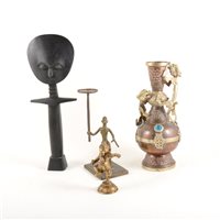 Lot 71 - A collection of African artefacts - a pair of modern Ashanti Aqua-ba fertility dolls 30cm, a pair of linked metal Benin type fertility figures 30cm