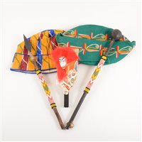 Lot 70 - Five Botswana baskets and information booklet, two woven salt bags, two Indian tunics, small beaded spear and drum stick, horse hair fly swish hats