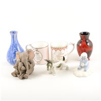 Lot 51 - A tray of assorted ceramics to include an artist's proof cylindrical vase for Peggy Davies Ceramics, 27cm, small Doulton matt black foal