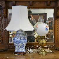 Lot 99 - Brass oil lamp, converted to electricity, ...