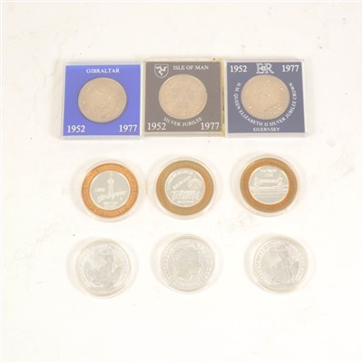 Lot 130 - A collection of modern silver and nickel coins, British paper money, fine silver "Limited Edition Ten Dollar Gaming Tokens" Britannia silver two pound coins weighing 1oz each