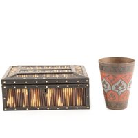 Lot 117 - Small collection of silver souvenir spoons, 1937 commemorative spoons, two Indian, ebony and porcupine quill boxes, 20cm and 11cm and an Indian brass beaker.