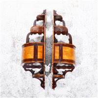 Lot 280 - Pair of late Victorian mahogany and satinwood hanging corner cabinets, ...