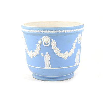 Lot 1 - A Wedgwood pale blue and white jasper ware jardiniere, 16cm high, 18.5cm diameter.
