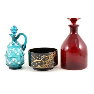 Lot 61 - Ruby glass mallet-shape decanter, and other glassware.