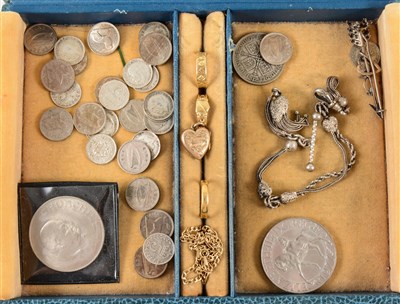 Lot 282 - A collection of gold jewellery and coins, a 22 carat yellow gold 3mm wide wedding band ring size K, approximate weight 3.8gms
