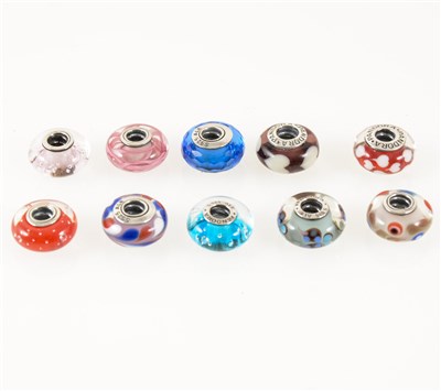 Lot 278 - Ten Pandora various coloured glass rondel charms, each in a branded pink Pandora draw string pouch.