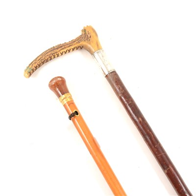 Lot 121 - A stags horn hunting crop by Brigg  with hallmarked silver collar, another cane by Tyther.