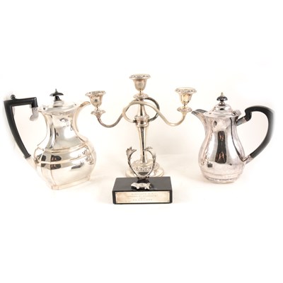Lot 129 - Two trays of silver-plated and glass wares, including a Waterford cut glass decanter, four other decanters and a preserve jar