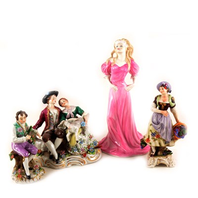 Lot 21 - A collection of ceramics, two Wedgwood cherub figures, seven unmarked monkey band figures