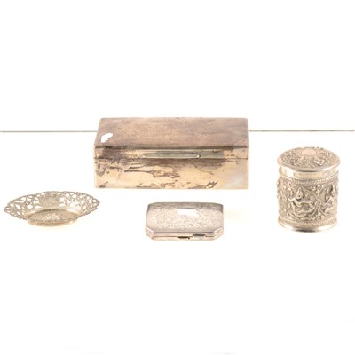 Lot 177 - Silver cigarette box, Walker & Hall, Sheffield 1943, oblong shape with a slightly domed lid, cedar wood lined, width 18cm; cigarette case, Birmingham 1925, bright-cut engraved decoration