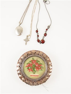 Lot 283 - A silver coloured locket with buckle motif on a curb link chain marked 800, hat pins