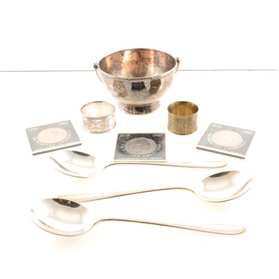 Lot 225 - Silver-plated flatware mainly by Walker & Hall, commemorative crowns, pre decimal coins, presentation packs from Denmark, Iceland, and the USSR, reproduction Roman coins, some paper money etc.