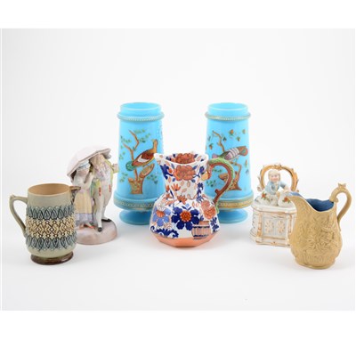 Lot 27 - Pair of Victorian opaque blue glass vases, stoneware jugs, etc.