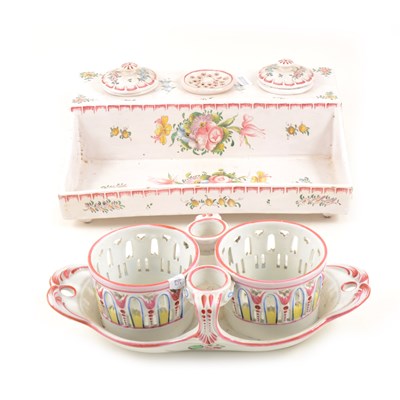Lot 73 - French faïence encrier, painted floral decoration, ...