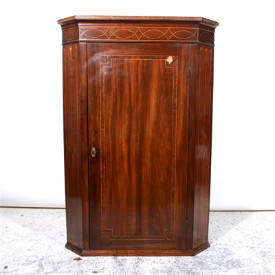Lot 390 - George III inlaid mahogany hanging corner cupboard, ...