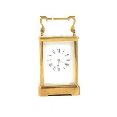 Lot 177 - French brass cased carriage clock, white enamelled dial, platform escapement, 15cm.