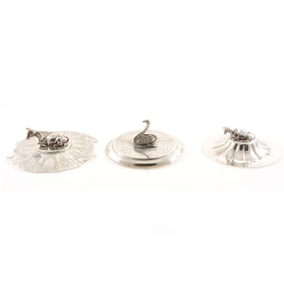 Lot 208 - A silver lid with ram finial and two crests by Henry Wilkinson & Co, Sheffield 1837, another with bull finial and elaborate engraved panels by Henry Wilkinson & Co, Sheffield 1843, and another