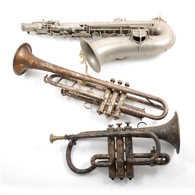 Lot 62 - A trumpet, cornet, and alto saxophone, with various mutes.
