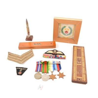 Lot 128 - WWII group of four medals, Atlantic Star, etc., and associated items.