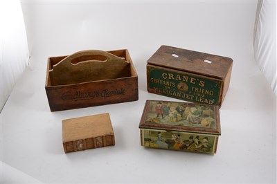 Lot 214 - A wood basket, Cadbury's Milk Chocolate 2d, a Cranes black lead box, ...