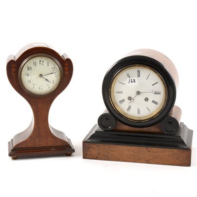 Lot 211 - Edwardian inlaid mahogany balloon shape mantel clock and a drum head clock, (2).