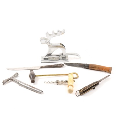 Lot 75 - Grape scissors, sugar nips, a Lund T-bar corkscrew and others, novelty reindeer chromed nutcrackers, etc
