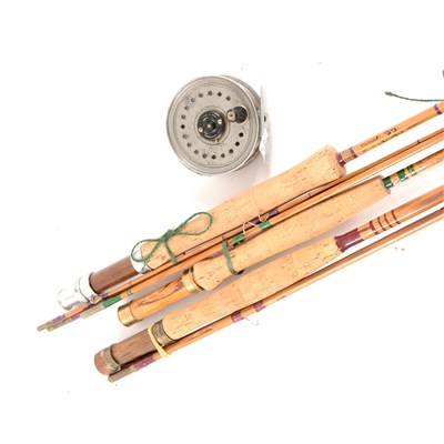 Lot 98 - Fishing: A Beaudex 8cm fly reel; and three split cane rods