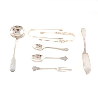 Lot 191 - Silver spoon and fork set by Thomas Bradbury & Sons, Sheffield 1918, a cased spoon, a Victorian Fiddle pattern ladle, a George IV Fiddle pattern butter knife and other items of silver cutlery