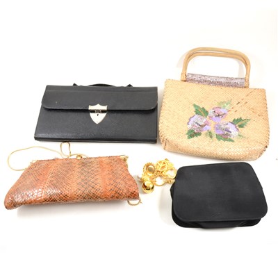 Lot 118 - A collection of vintage handbags, including red leather bag by Bueno and matching gloves, large printed plastic bag depicting old style sailing boats with bamboo effect handle, etc, (11)