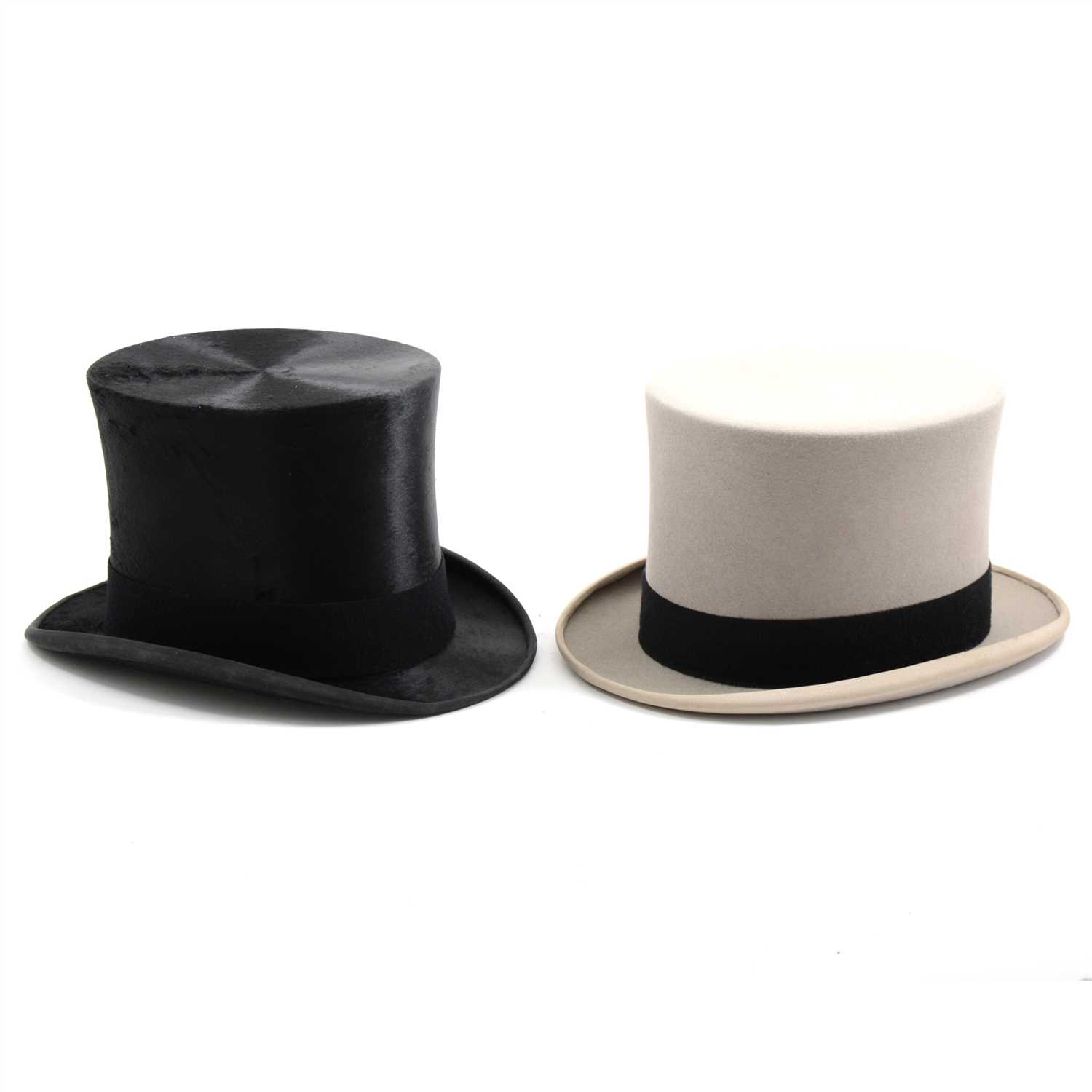 Lot 68 - Black silk top hat, James Lock & Co, London, and a grey top hat