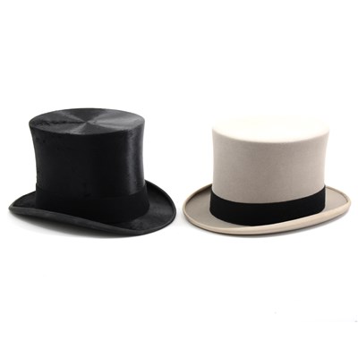 Lot 68 - Black silk top hat, James Lock & Co, London, and a grey top hat