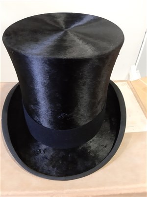 Lot 68 - Black silk top hat, James Lock & Co, London, and a grey top hat