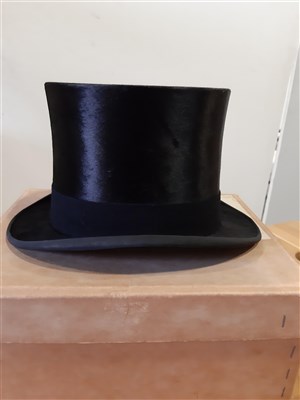 Lot 68 - Black silk top hat, James Lock & Co, London, and a grey top hat