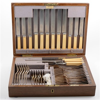 Lot 79 - A Walker & Hall silver-plated canteen of cutlery, 6 place settings, in oak case with vacant presentation plaque.