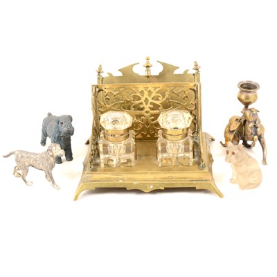 Lot 155 - Brass taper stick in the form of a greyhound, two other cast metal figures of dogs, etc.