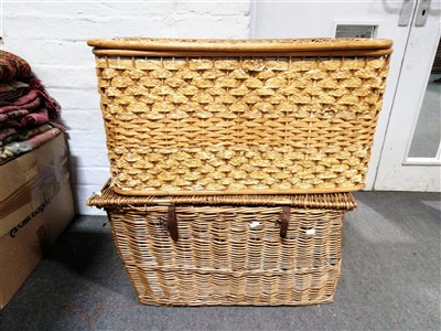 Lot 387 - Woven cane hamper, and a woven rattan hamper, ...