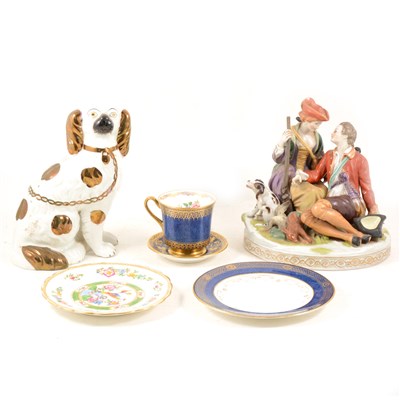 Lot 22 - A quantity of glass and ceramics, to include a glass biscuit jar with engine-turned metal hinged lid, sphinx finial, circular metal base, 18cm high, 19cm wide, a glass decanter, two glass bowls