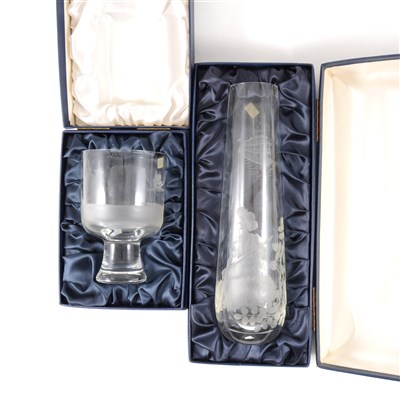 Lot 30 - Two limited edition Caithness engraved crystal vases, "Huckleberry Finn", and "Landing of Pilgrim Fathers"