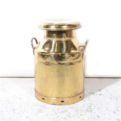 Lot 130 - Old brass milk churn, twin-handled, lid stamped "Hunts Dairies Sherborne"