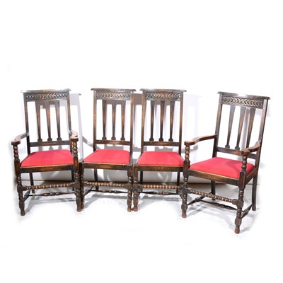 Lot 334 - Set of six 1920s oak slat-back dining chairs.