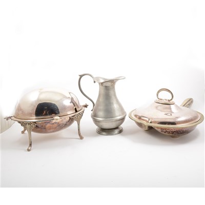 Lot 89 - A silver plated meat dish cover, large plated trays, and other silver plate.