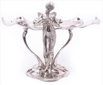 Lot 97 - An Art Nouveau silvered metal figural visiting card tray, by WMF, circa 1905.