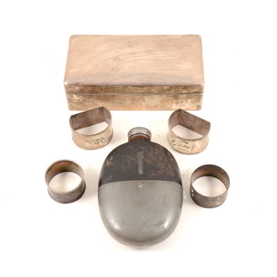 Lot 185 - A silver cigarette box by Robert Pringle & Sons, London 1928, cedarwood lined, width 17cm, three silver napkin rings, and other items of silver and plate.